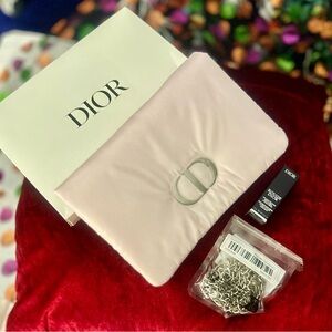 Dior Soft Pink Puffer Pouch w/ Rouge Lipstick & Add-on Silver Chain Strap NWB